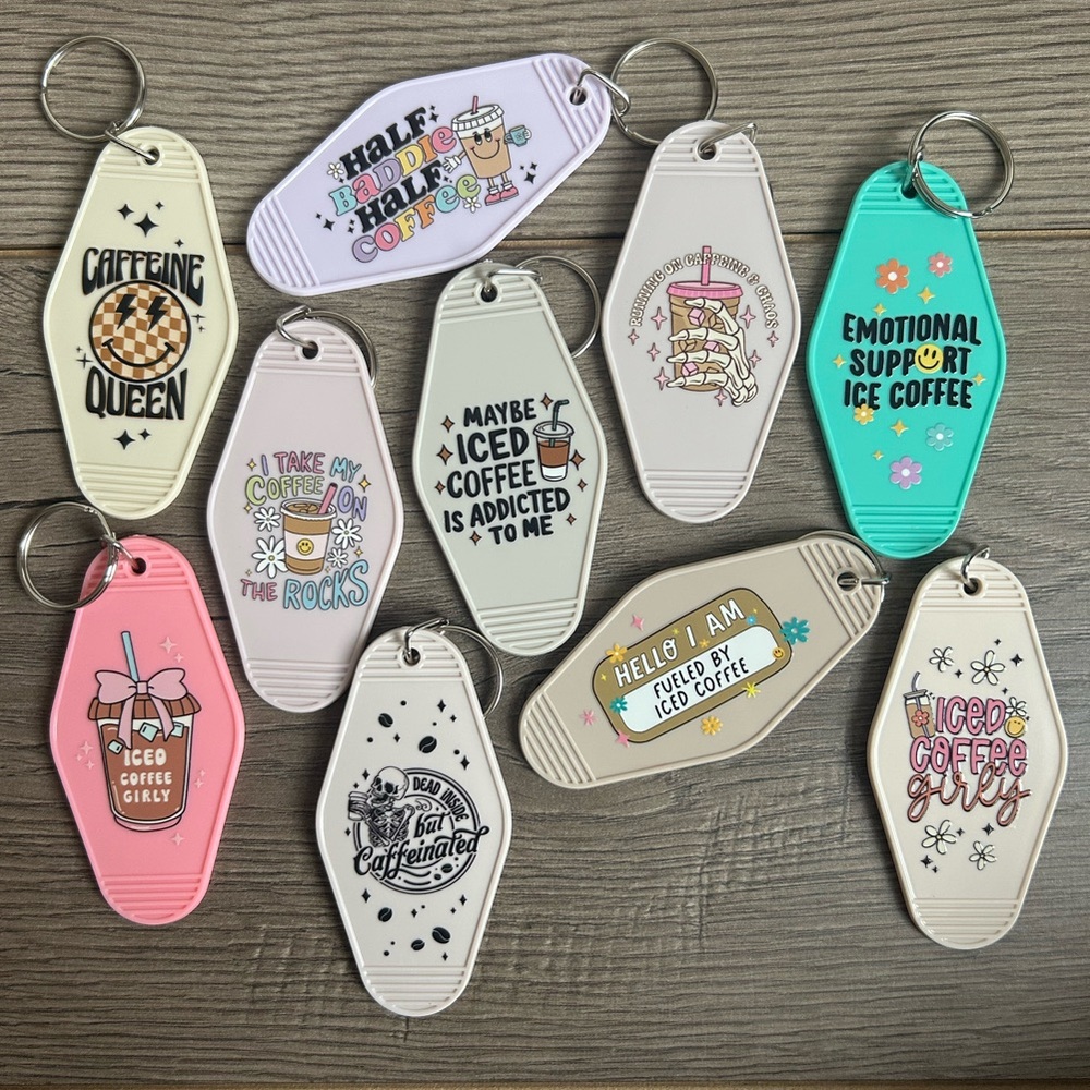 Handmade Vintage Style Motel Keychain Colorful Coffee Themed - Choice of 1